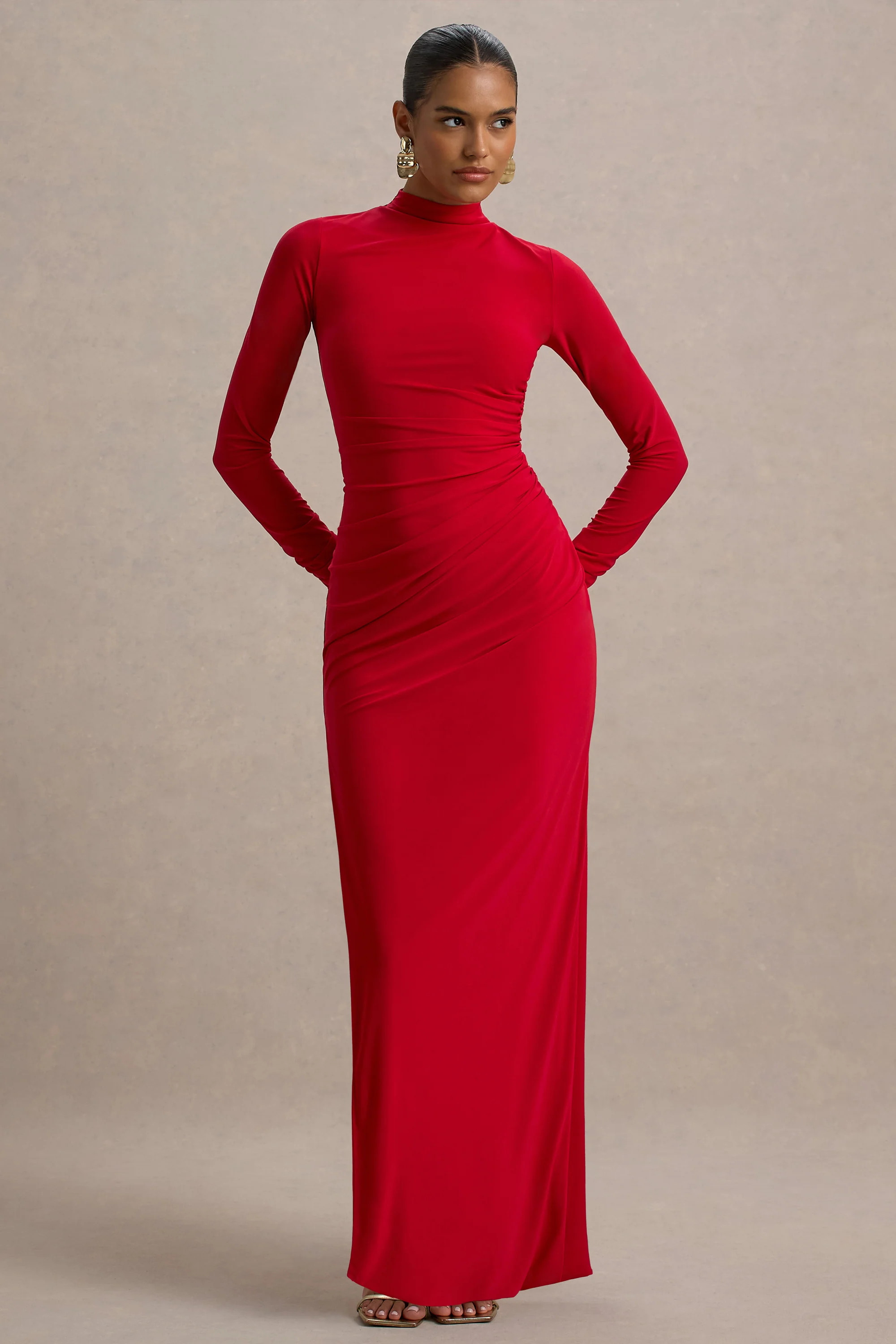 Alluring  Red High Neck Maxi Dress With Ruched Detailing | Club L London