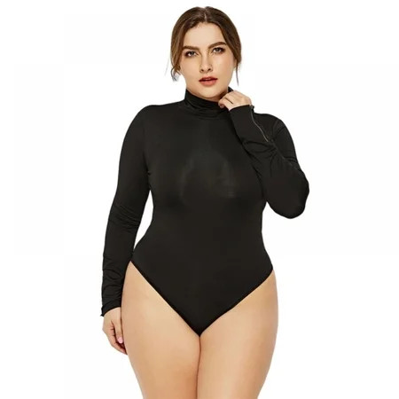 Xmarks Women s Plus Size Zipper Long Sleeve Bodysuits Basic Leotard Black(Turtleneck) | Walmart (US)