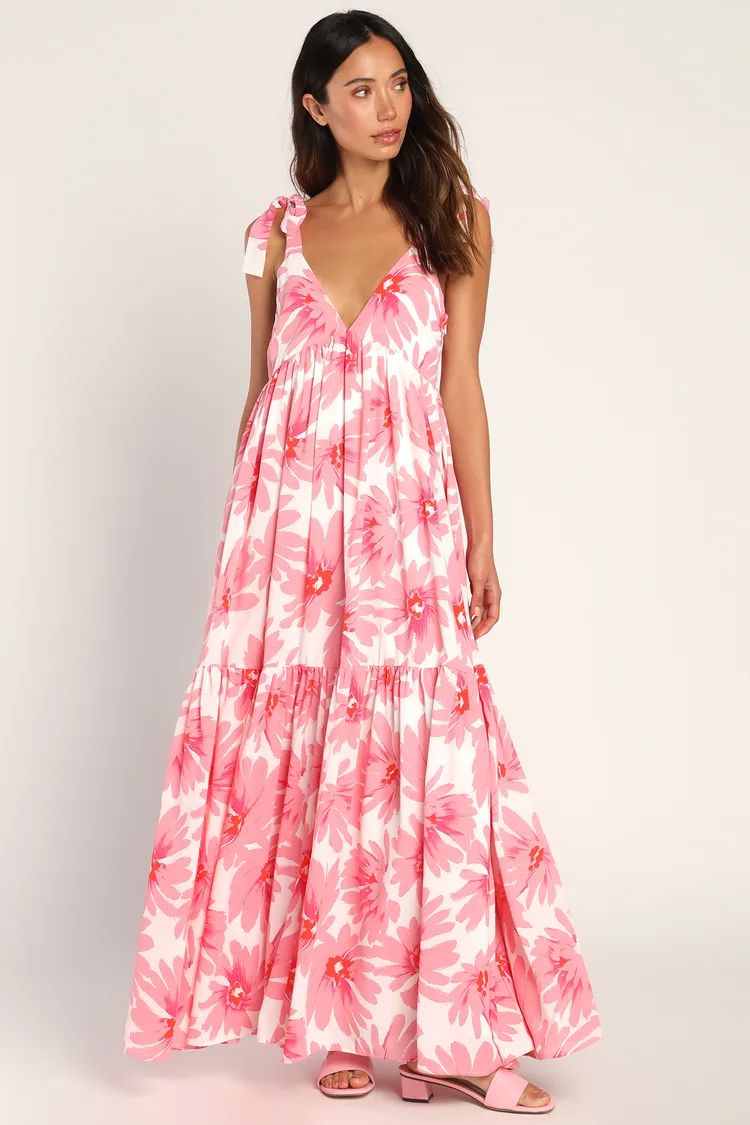 Lovely Days White Pink Floral Print Tie-Strap Tiered Maxi Dress | Lulus (US)