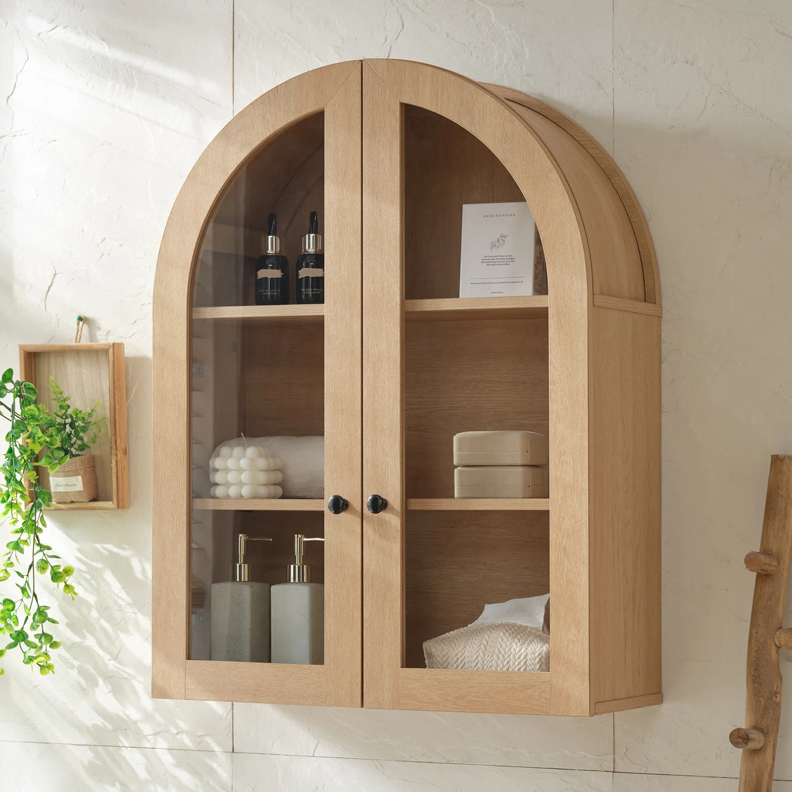 Modern Arched Cabinet Wall Mount with Adjustable Shelf & Glass Doors, Natural Oak | Wayfair North America