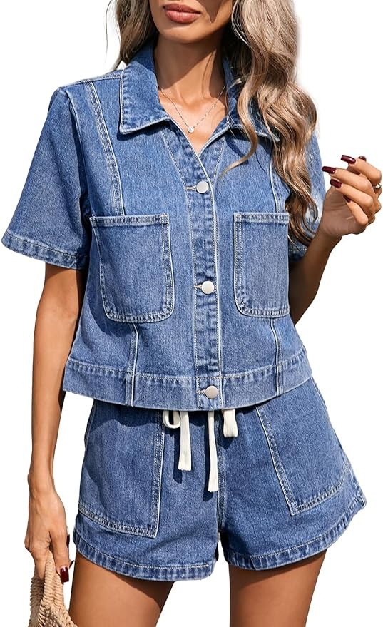 Kedera Women's Denim Two Piece Outfits Cropped Button Front Shirt Drawstring Jean Shorts Lounge S... | Amazon (US)