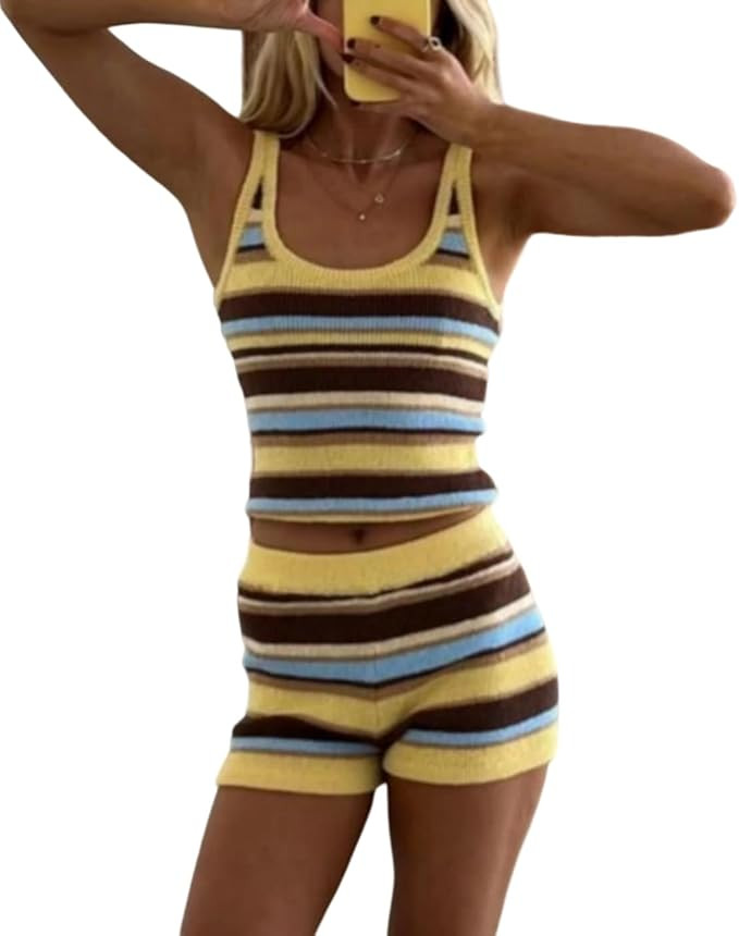 Seyurigaoka Women 2 Piece Striped Set Colorful Striped Knit Tank Top Mini Shorts Set Beach Vacati... | Amazon (US)