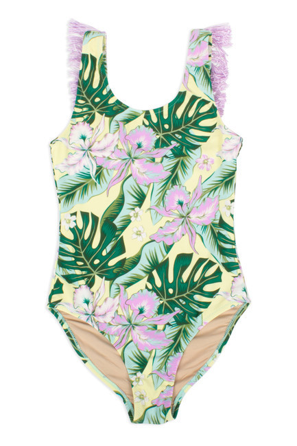 Yellow Tropical Oasis 1PC Fringe Back Swimsuit | Shade Critters