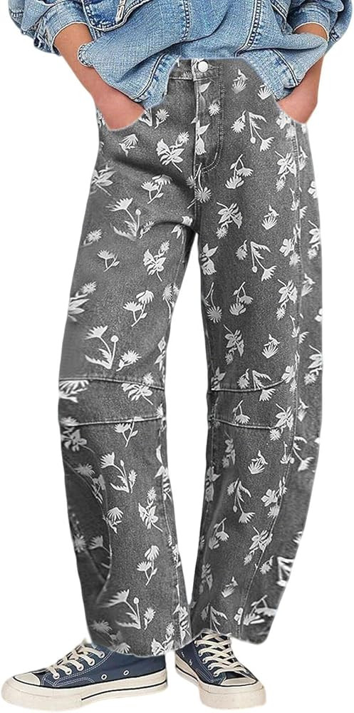 loveimgs Women Casual Baggy Floral Barrel Jeans Y2k Boyfriend Mid Waist Flower Printed Jeans Patchwork Wide Leg Denim Pants | Amazon (US)