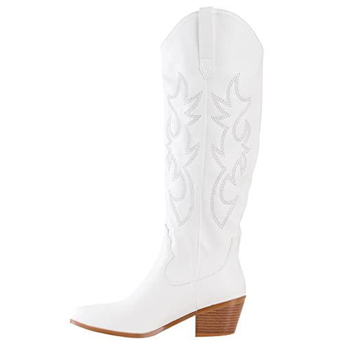 CSHO Women's Western Cowboy Boots, White Fashion Embroidered Knee-High for Women Chunky Heels cowgirl Boots (White, adult, women, numeric_12, numeric, us_footwear_size_system, medium) | Amazon (US)
