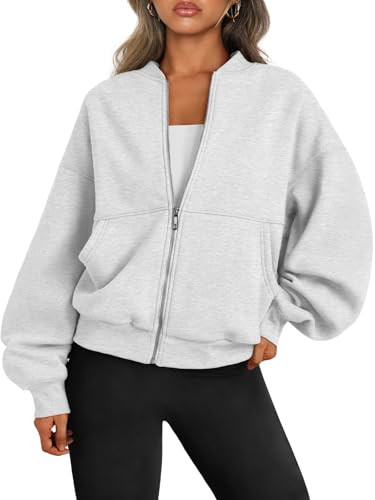 Trendy Queen Womens Zip Up Sweatshirts Jackets Oversized Fall Outfits Winter Clothes Hoodies with Pockets Y2k 2025 Fashion Grey L | Amazon (US)