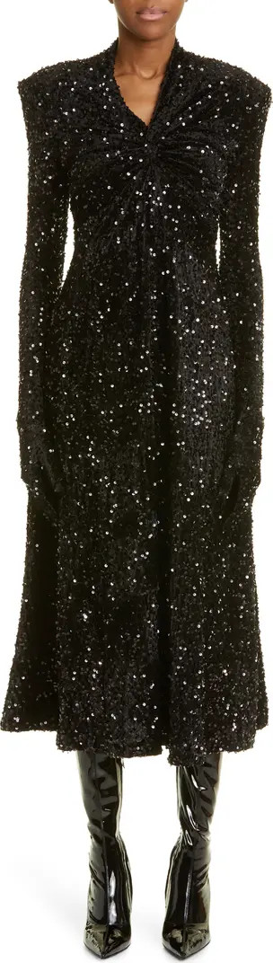 Twisted Knot Glove Sleeve Sequin Midi Dress | Nordstrom