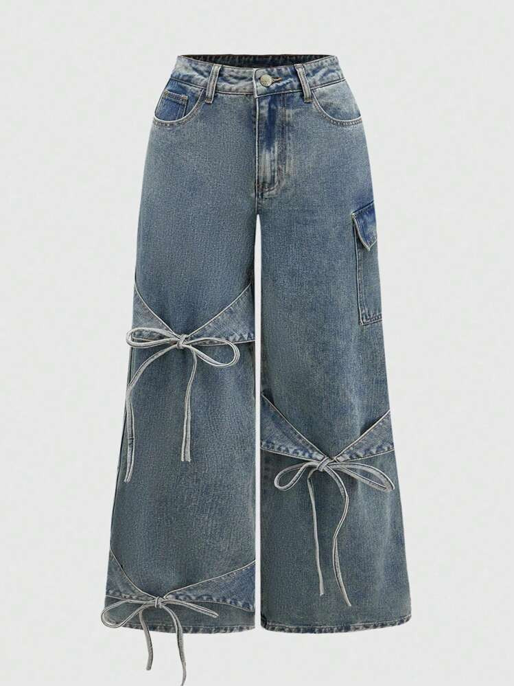 ROMWE Kawaii Plus Size Women's Versatile Bow-Tie Decor Wide Leg Loose Boyfriend Jeans | SHEIN