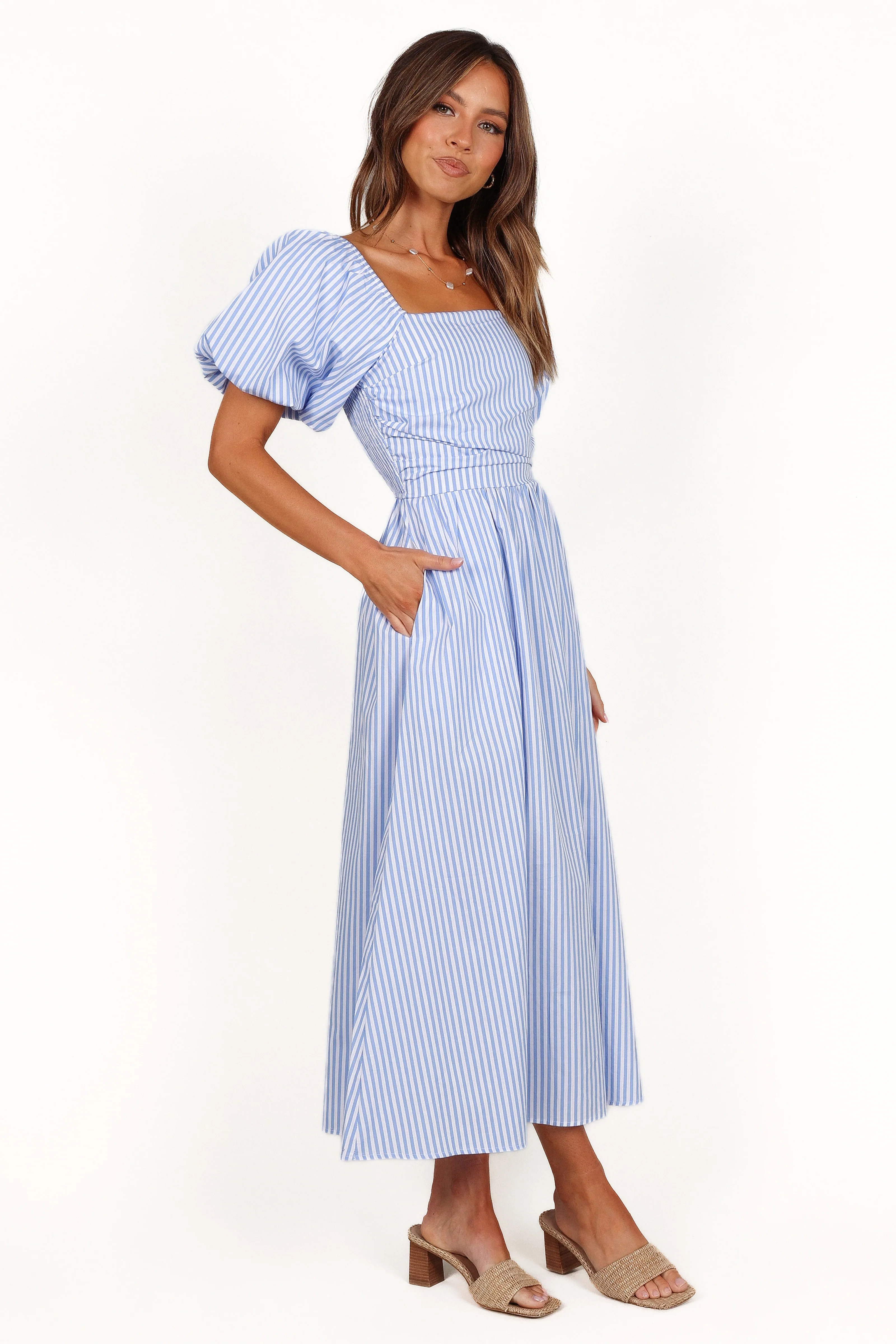 Clo Puff Sleeve Midi Dress - Blue Stripe | Petal & Pup (AU)