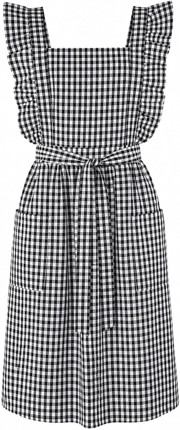 Gingham Cute Apron with Pockets for Women, Cross-Back Ruffle Design | Amazon (US)