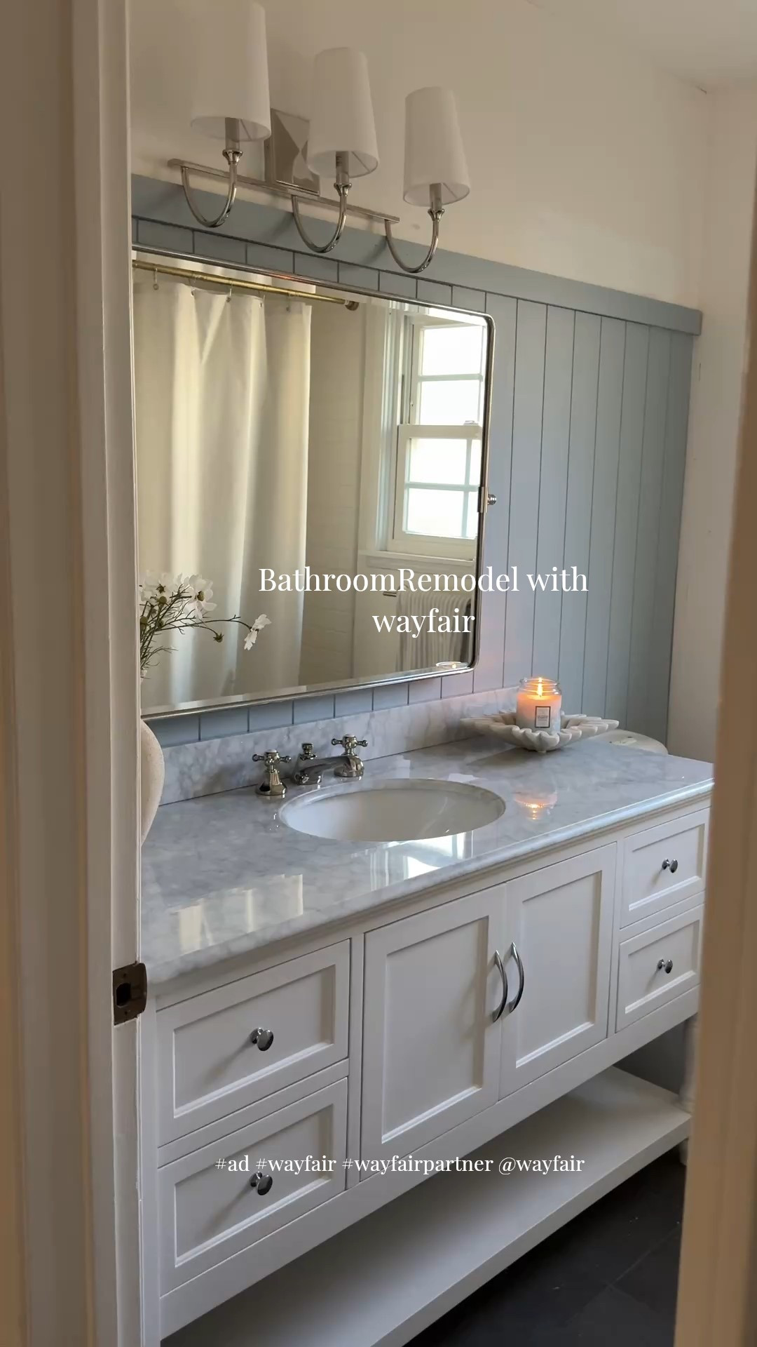 #ad Easy swaps that transformed our bathroom! Vanity, light, mirror, and a little bit of shiplap and paint! @Wayfair #wayfair #wayfairpartner 