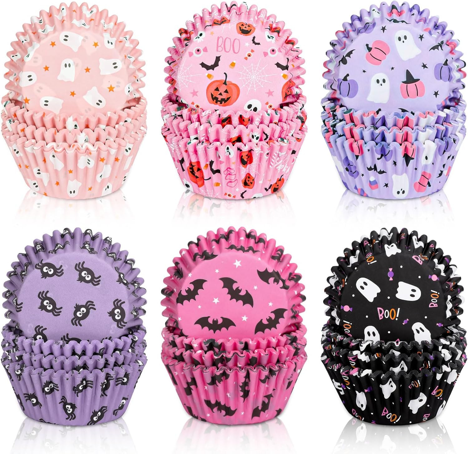 JarThenaAMCS 300Pcs Halloween Cupcake Liners Pumpkin Ghost Spider Web Bat Paper Baking Cups Pink Purple Orange Black Standard Muffin Cupcake Wrappers for Party Supplies Table Decor | Amazon (US)