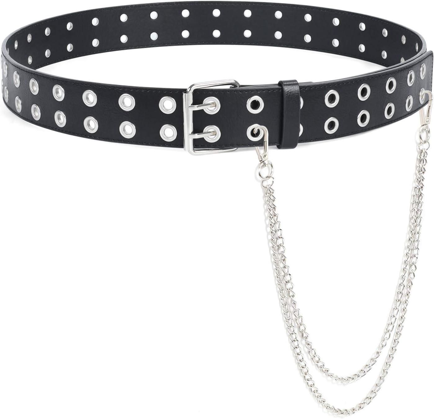 SUOSDEY Double Grommet Leather Belt with Detachable Chain for Women Men,Punk Black Belt with Double Studded Holes for Jeans | Amazon (US)