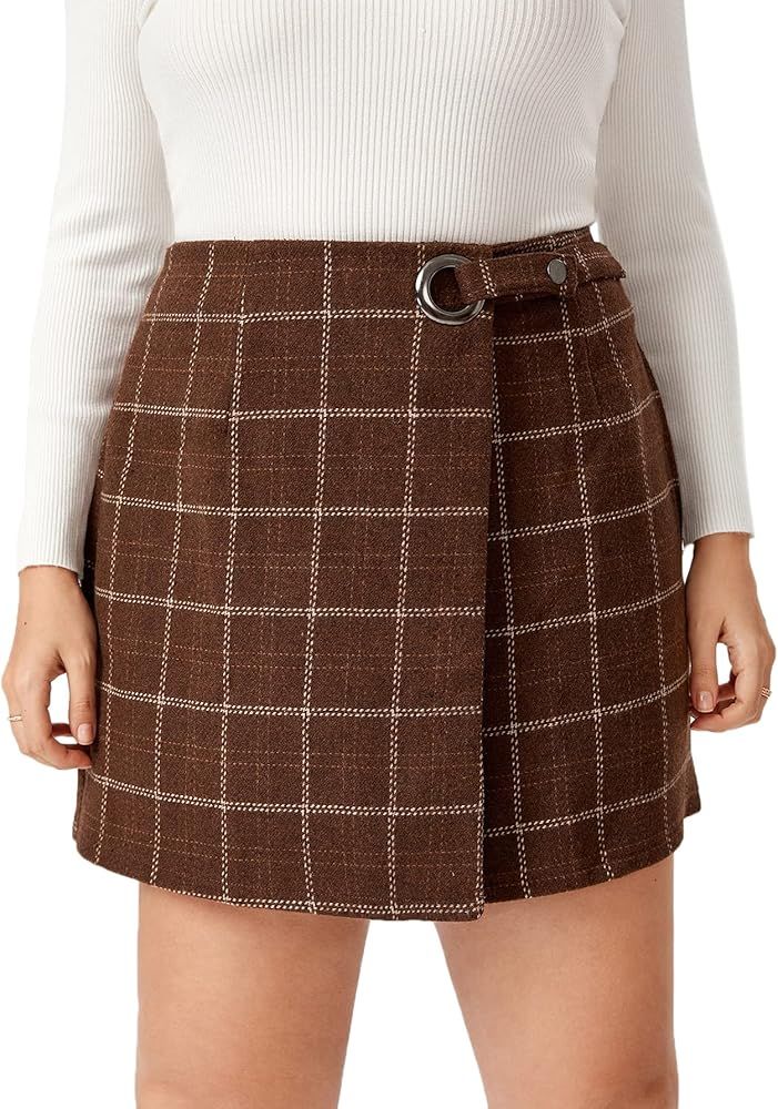MakeMeChic Women's Plus Size Plaid Print Button Wrap Wool Mini Skirt | Amazon (US)