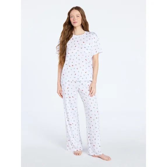 Joyspun Women's Dreamy Soft Collection Short Sleeve Sleep Top and Open Leg Pants Pajama Set, 2-Pi... | Walmart (US)