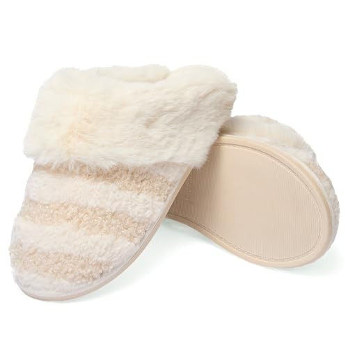 Fruit of the Loom Womens Memory Foam Slippers, Stripe Feather Fur Cuff Clogs, Soft Fuzzy, Gifts for Women, Ivory, M | Amazon (US)