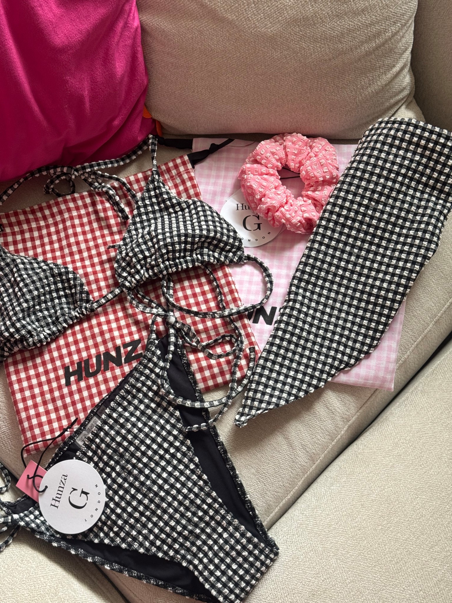 Hunza g, swimwear, bikini, check, gingham style, headscarf, hair scrunchie, swim material, crinkle material, fits all, quality, swimming, tie bikini, waist ties, triangle bikini

#LTKeurope #LTKuk #LTKsummer