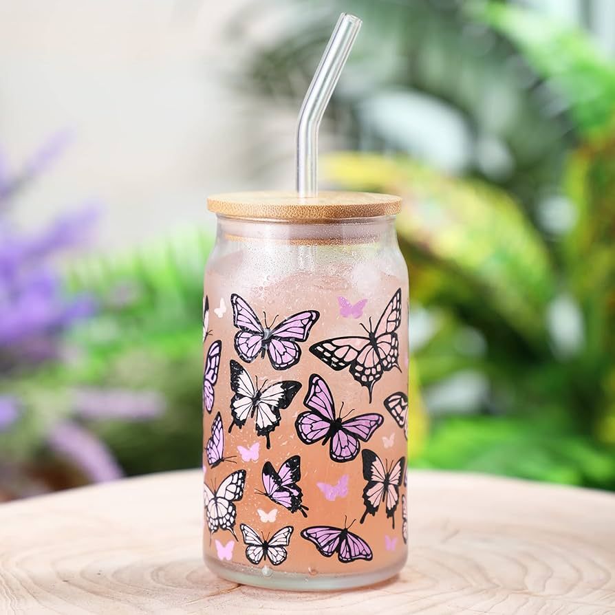 Nefelibata Butterfly Iced Coffee Glass Beer Can Glass Color Changing 16 OZ Pastel Pink & Purple S... | Amazon (US)