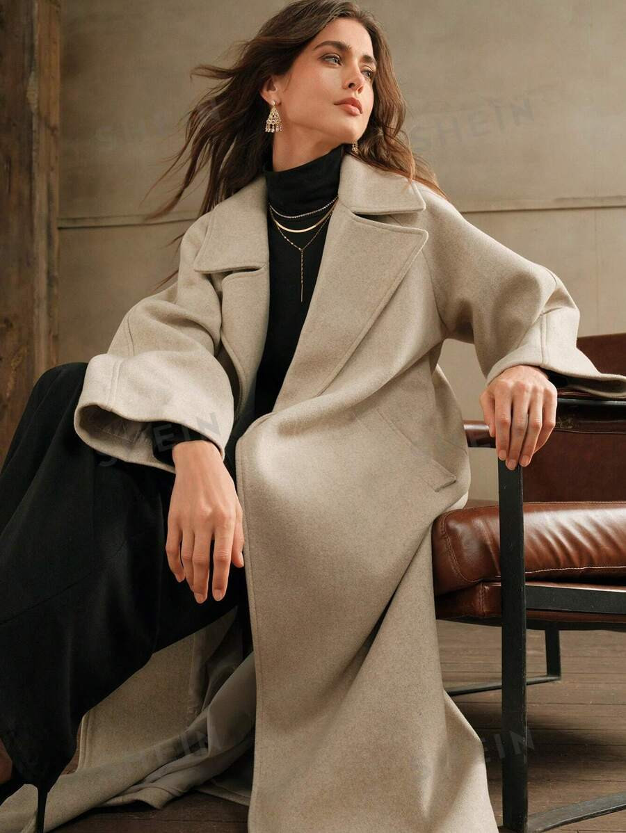 Anewsta Women's Solid Color Long Coat With Turndown Collar, Minimalist Design, High-End, Autumn/W... | SHEIN