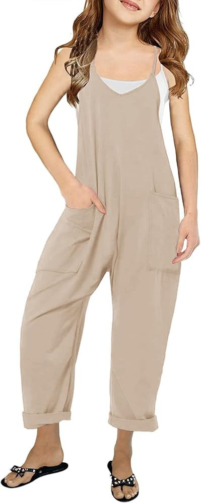 Girl's V Neck Sleeveless Jumpsuits Spaghetti Straps Harem Long Pants Rompers With Pockets (5-14 Y... | Amazon (US)