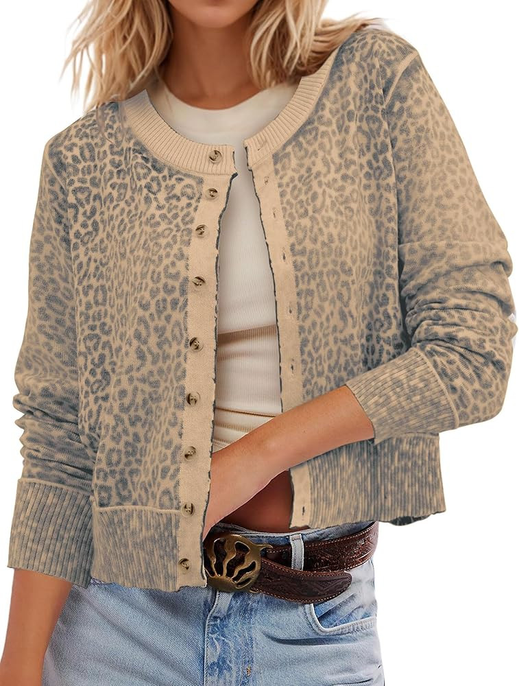 2026 Spring Leopard Cardigan Womens Button Up Lightweight Sweaters Long Sleeve Cheetah Print Crop... | Amazon (US)