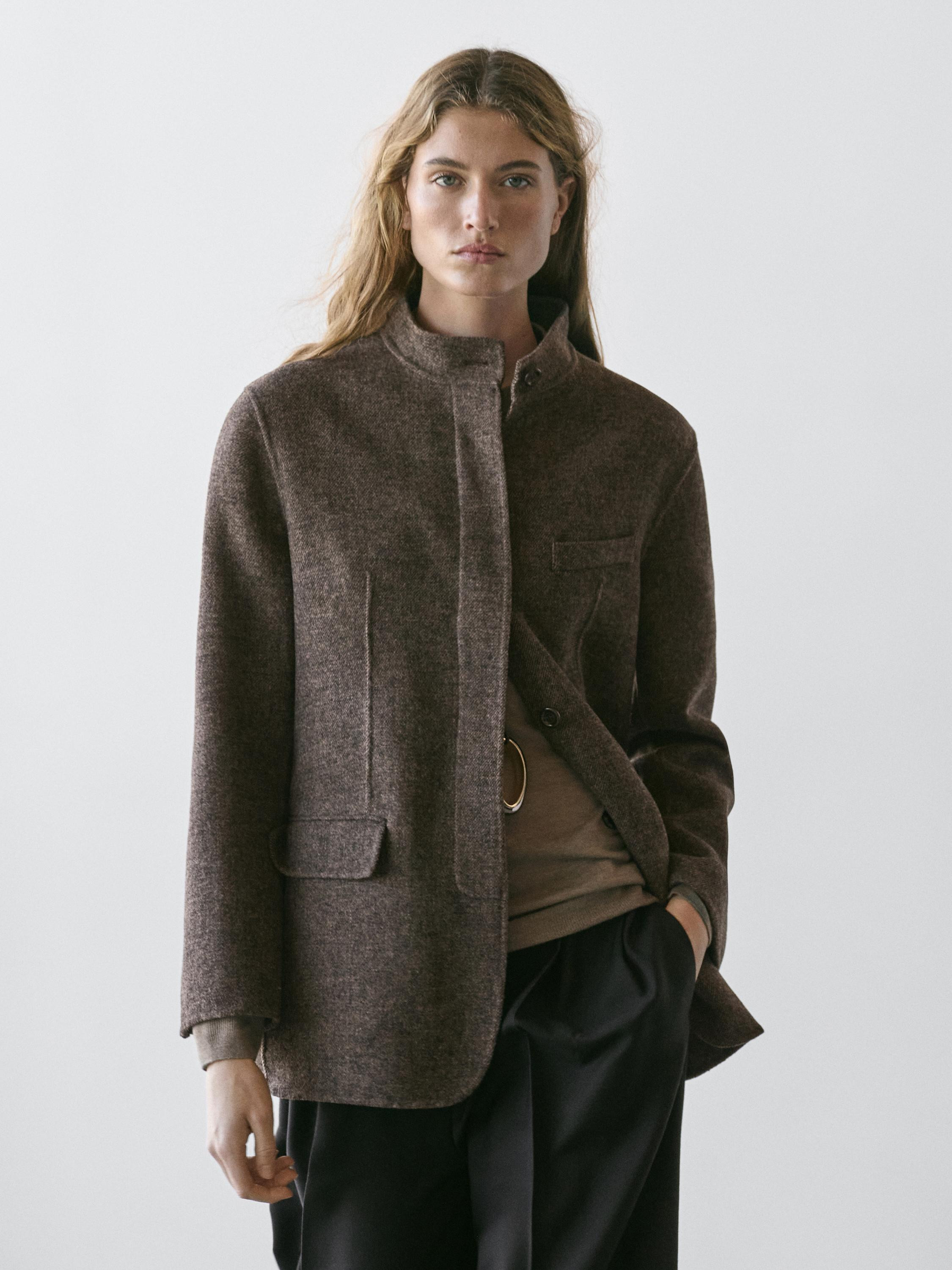 Wool blend twill coat with high collar | Massimo Dutti UK