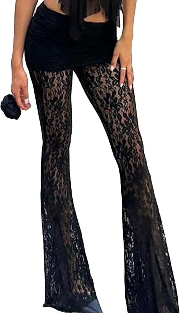 Sunloudy Women Lace Bell Pant Sexy See Through Flare Bottom Leggings Hollow Out Mesh Cover Up Tro... | Amazon (US)