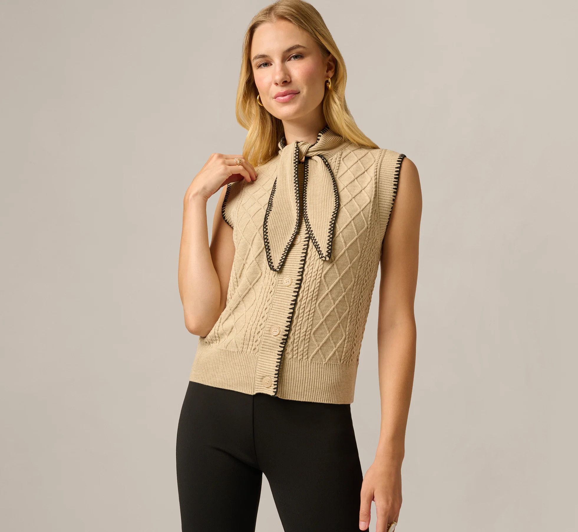 Brown Tie Neck Whipstitch Cable Knit Sweater Vest - Adrianna Papell | Adrianna Papell