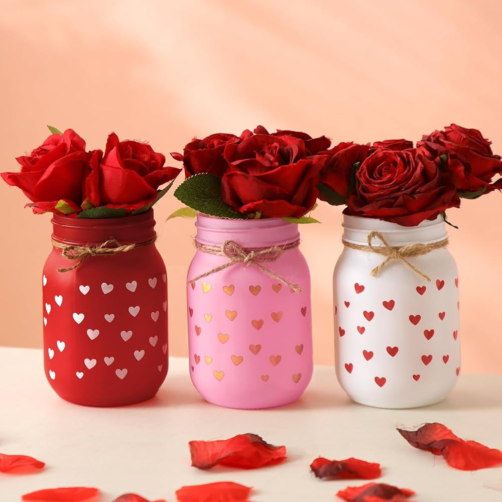 Nitial 3 Pcs Valentine's Day Mason Jar Centerpiece for Table, Mason Jars Farmhouse Decoration Pai... | Amazon (US)