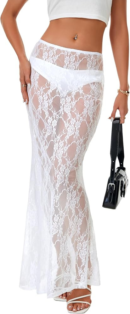 Rooscier Women's Lace Sheer Long Skirt High Waist A-line Summer Sexy Beach Maxi Skirts | Amazon (US)