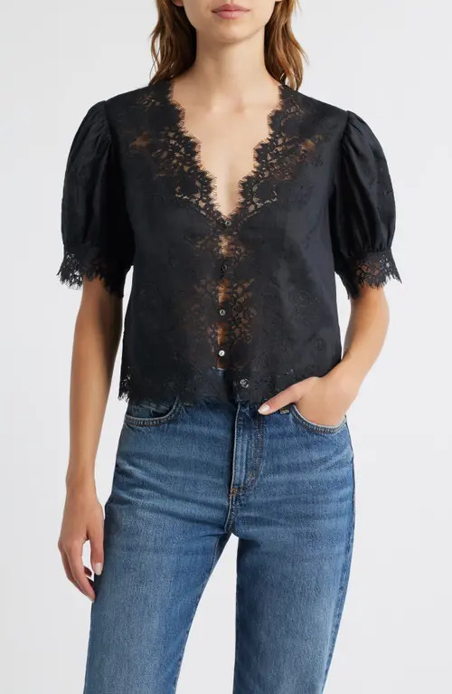 DÔEN Idella Lace Trim Ramie Top in Black at Nordstrom, Size Large | Nordstrom