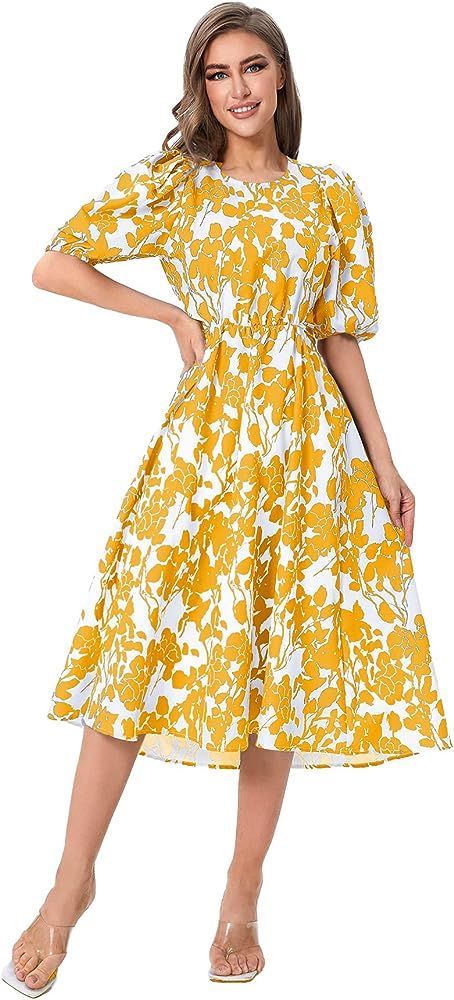 SweatyRocks Women's Boho Floral Puff Sleeve Cut Out Dress Tie Back A Line Midi Dresses | Amazon (US)