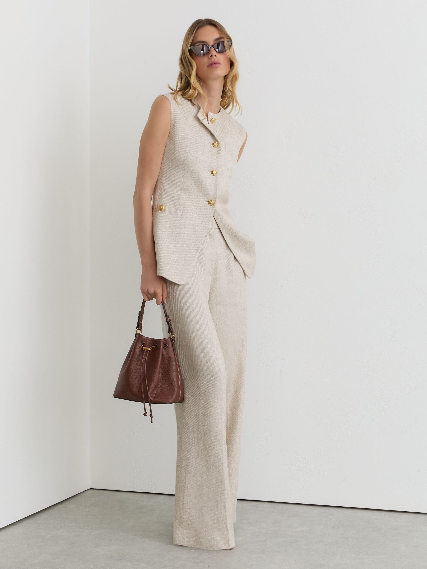 Linen-Blend Textured Long-Line Waistcoat in Neutral | Reiss US