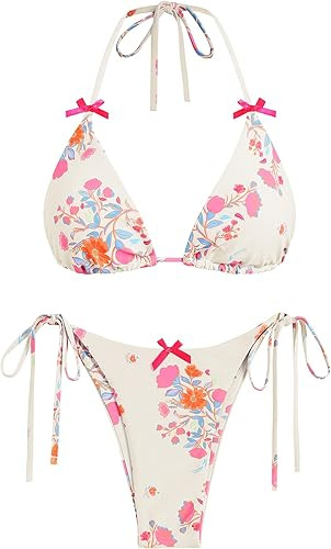 ZAFUL Women's Sexy Halter Bikini Sets Bow Decor Tiny Floral Print Bikini Swimsuits Tie Side Trian... | Amazon (US)
