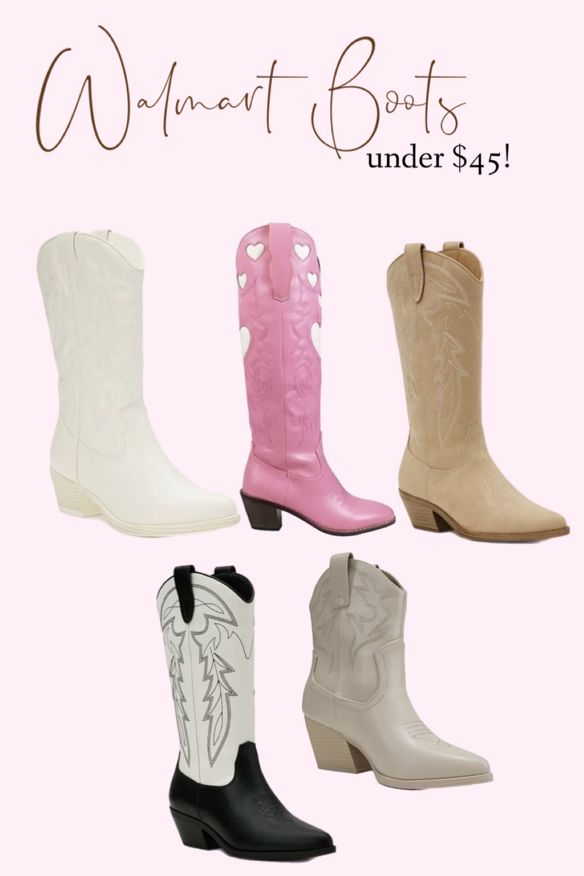 Walmart boots. Walmart fashion. Affordable western boots. Boots under $50. Cowgirl boots for fall. Cowboy boots. Western style. Pink cowgirl boots. Tan boots. White cowgirl boots. Country concert outfits. 

#LTKshoecrush #LTKSeasonal #LTKstyletip