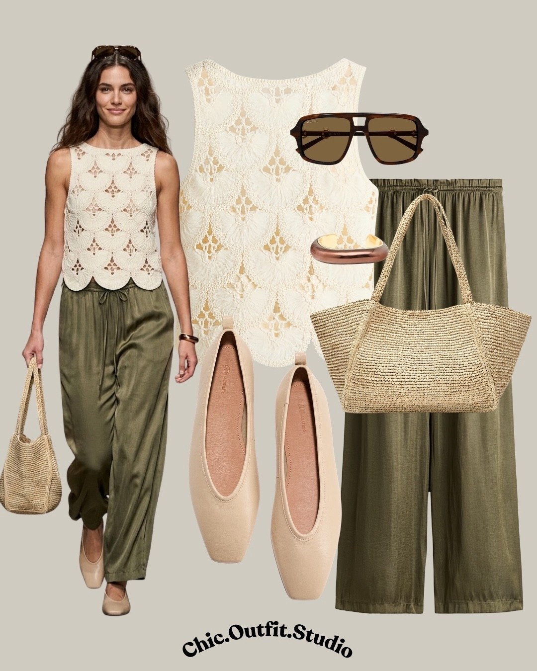 Crochet top + soft satin trousers 
✨A crochet top styled with relaxed olive satin trousers creates a soft, feminine spring outfit with a natural, elevated feel. Finished with neutral flats and straw accessories, this look is ideal for vacation days, seaside lunches, garden parties, or warm city afternoons. A breathable and polished combination that blends comfort with understated elegance.
✨Tags: crochet top outfit women, spring vacation outfit women, olive satin trousers outfit, minimalist spring style, resort wear outfit women, natural texture outfit, elegant casual outfit, warm weather outfit ideas

#LTKspring #LTKeurope #LTKstyletip