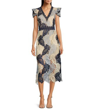 Adelyn Rae Crochet Lace V-Neck Flutter Short Sleeve Midi Dress | Dillard's | Dillard's