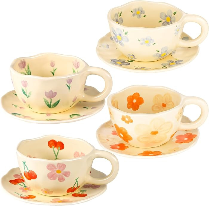 Cappuccino Cup with Saucers Set of 4 Ceramics Coffee Mugs 8 oz Latte Art Cup Vintage Aesthetic Fl... | Amazon (US)