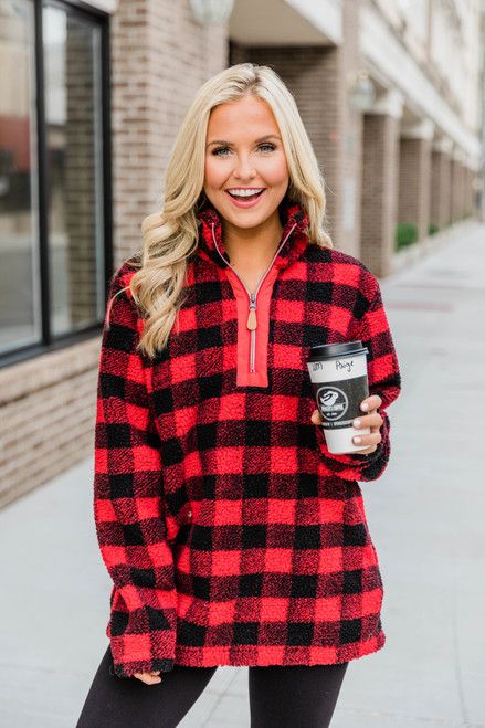 Home For The Winter Red Plaid Pullover | The Pink Lily Boutique