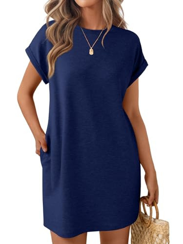 LILLUSORY Womens Summer Casual Short Sleeve T Shirt Dress 2025 Spring Vacation Beach Mini Sundress Loose Clothes with Pockets Navy S | Amazon (US)