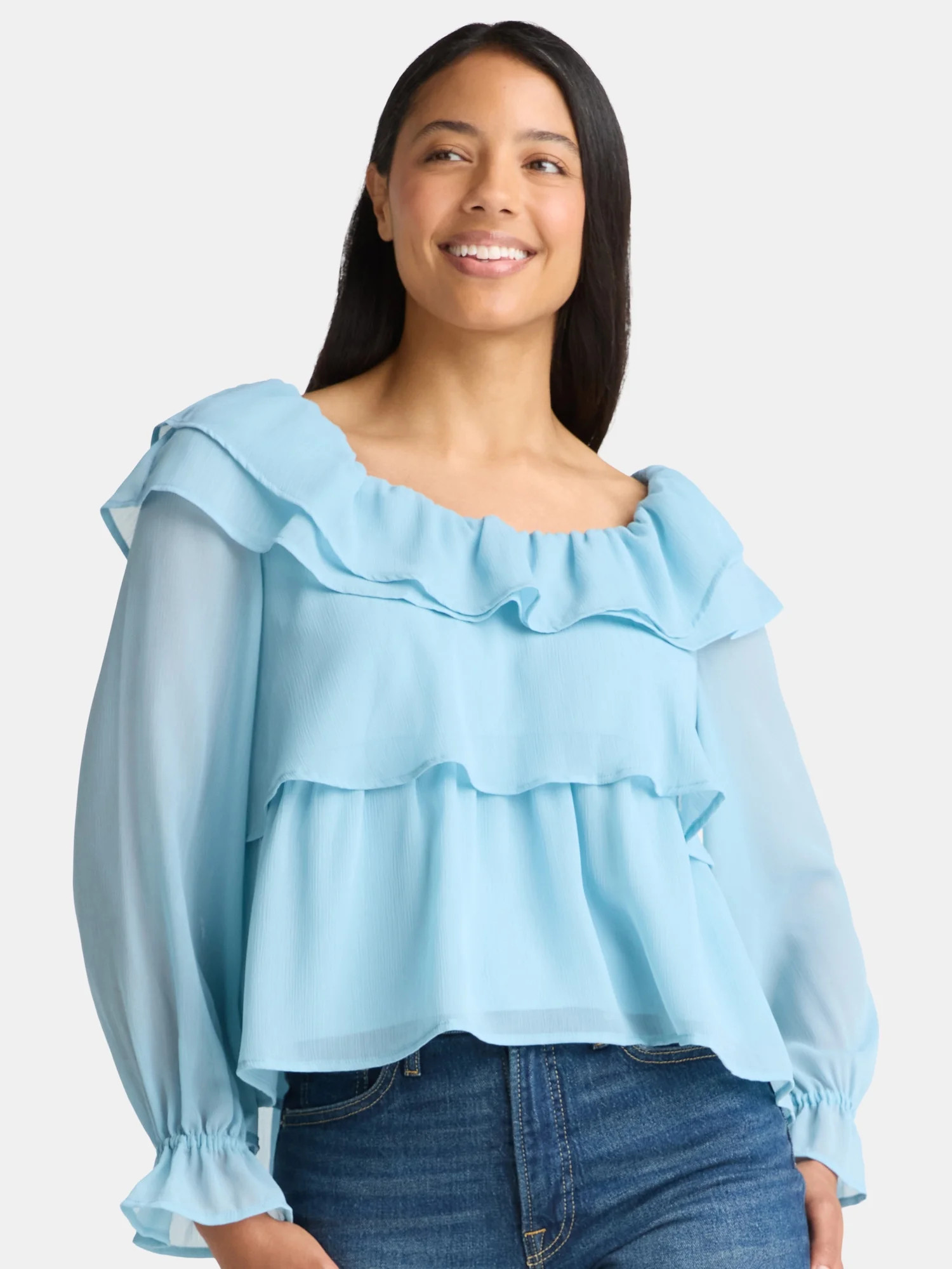 Time and Tru Women's Ruffle Neck Blouse with Long Sleeves, Sizes XS-3XL | Walmart (US)