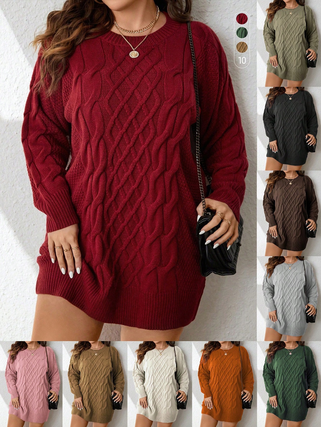SHEIN Essnce Plus Size Women Crew Neck Long Sleeve Chunky Knit Casual Loose Sweater Dress, Autumn... | SHEIN