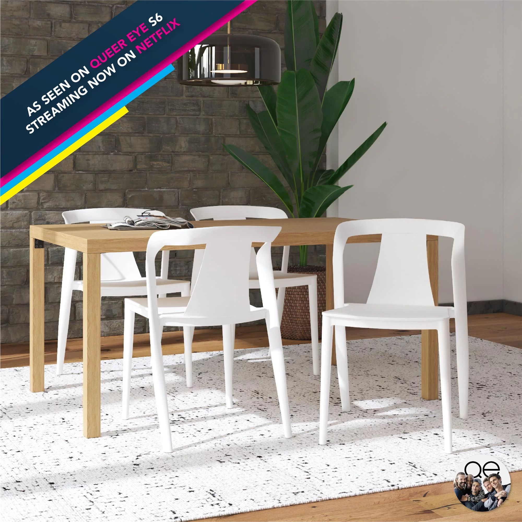 Queer Eye Adrian Curved Arm Dining Chair, Indoor/Outdoor, 4-Pack, Classic White - Walmart.com | Walmart (US)