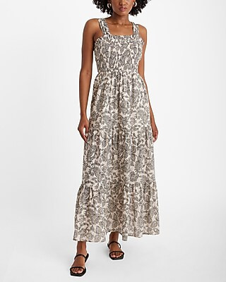 Printed Metallic Stripe Sleeveless Smocked Tiered Maxi Dress | Express