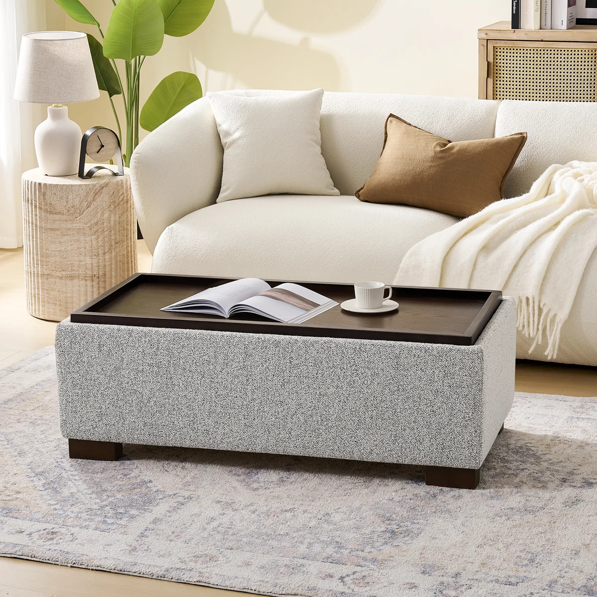 44" W Upholstered Storage Ottoman with Reversible Wooden Tray | Wayfair North America