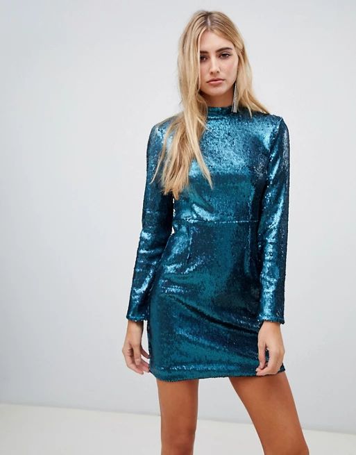 Missguided – Figurbetontes, hochgeschlossenes Kleid in Blaugrün mit Pailletten | ASOS AT