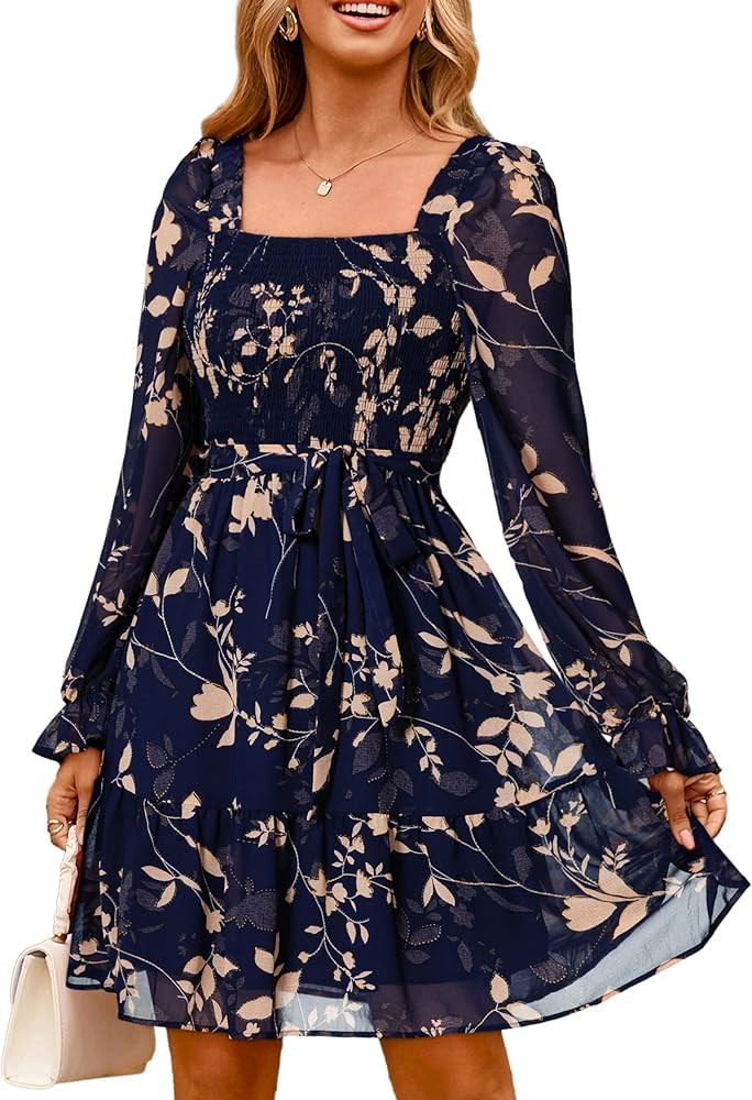 Simplee Womens Floral Long Sleeve Mini Dress Boho Square Neck Smocked A-Line Flowy Short Wedding ... | Amazon (US)