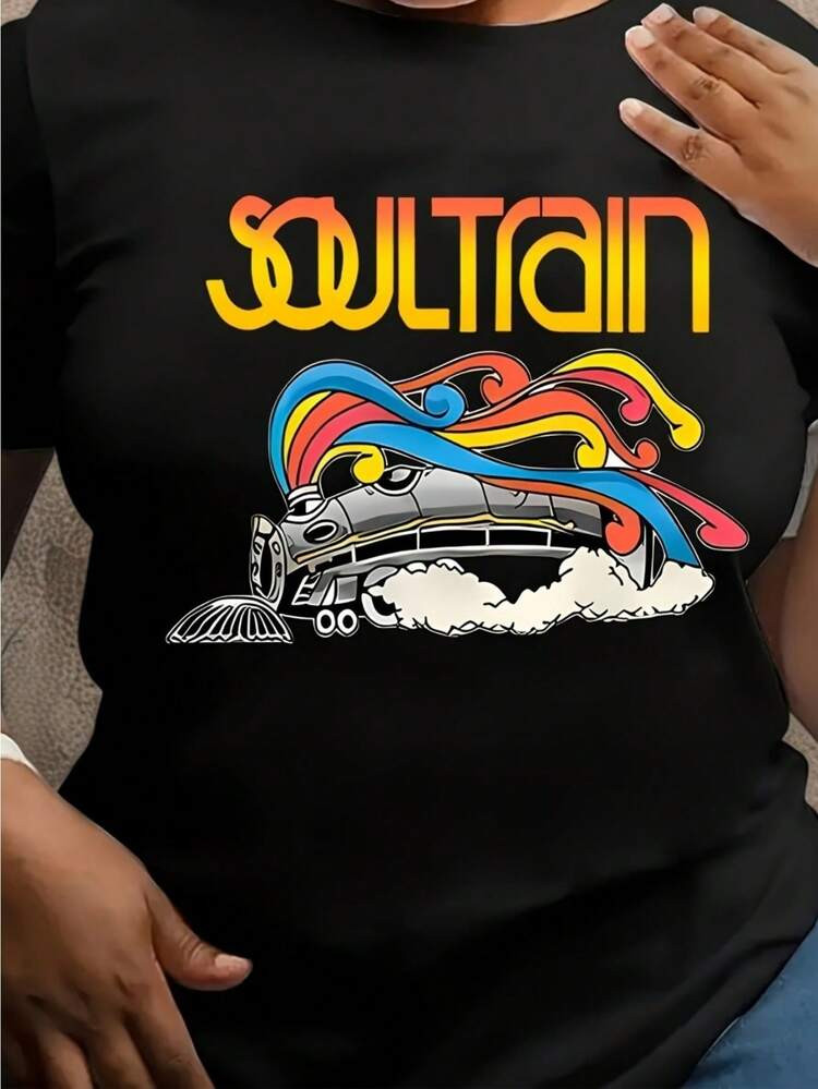 Soul Train Graphic T-Shirt - 100% Cotton Regular Fit Short Sleeve Tee With Retro Train & Colorful Geometric Design, Comfort Stretch Fabric For Men & Women, All-Season Casual Wear, Funny Gift Idea, Allseason Tshirt | Retro Graphic Tee | Soft Cotton Material | SHEIN