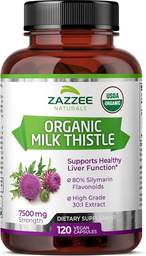 Zazzee USDA Organic Milk Thistle 30:1 Extract, 7500 mg Strength, 120 Vegan Capsules, 80% Silymari... | Amazon (US)