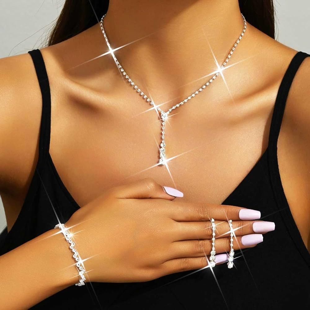 Unicra Bride Silver Bridal Necklace Earrings Set Crystal Wedding Jewelry Set Rhinestone Choker Ne... | Amazon (US)